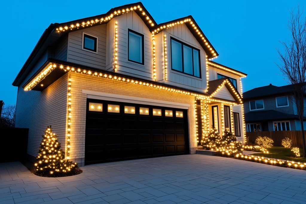 Stunning residential facade displaying whimsical patterns of festive Christmas lights