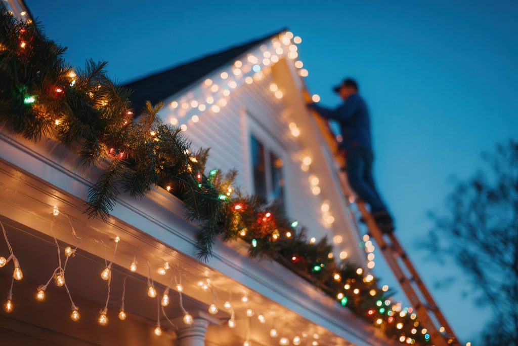 Man on a ladder decorating the roofline of a house with colorful Christmas lights and evergreen garland at dusk