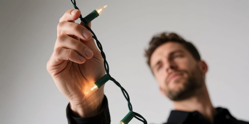 Young man holding and inspecting a string of glowing Christmas lights in hand
